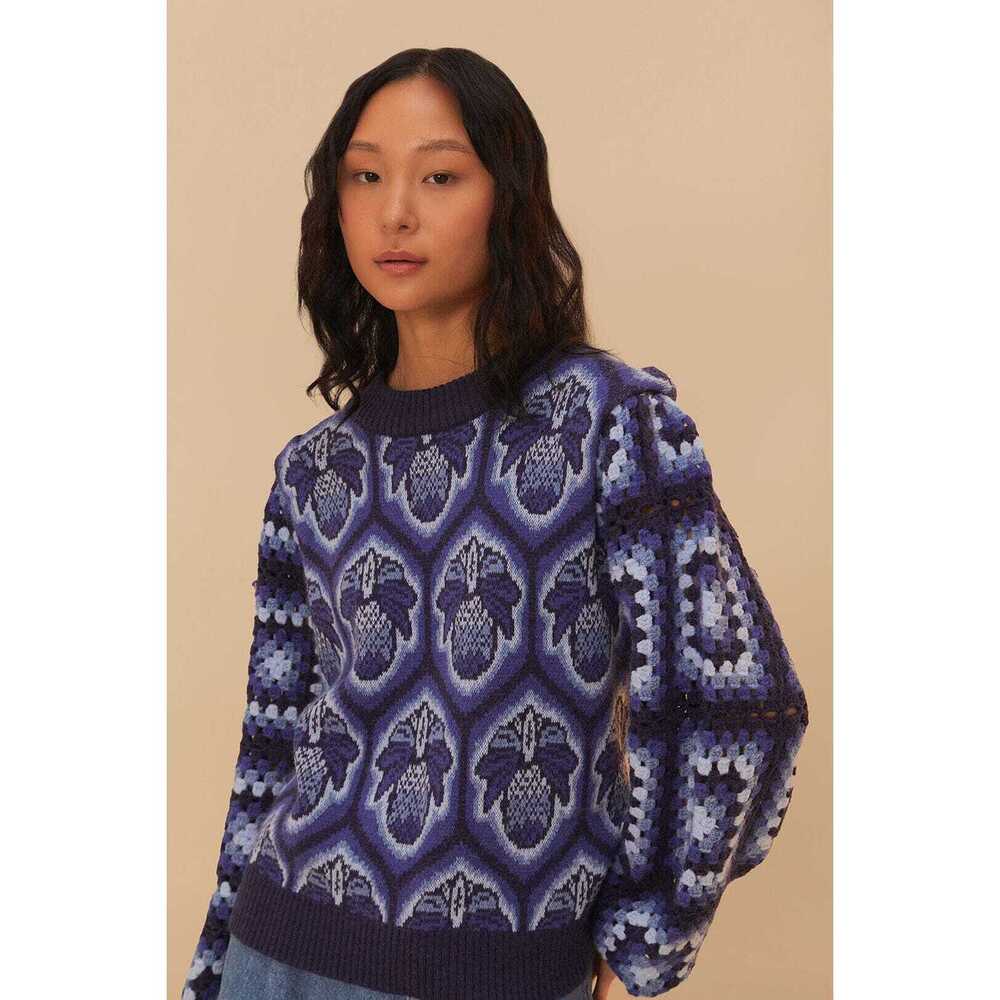 FARM Rio Blue Pinneaple Cobogo Knit Sweater